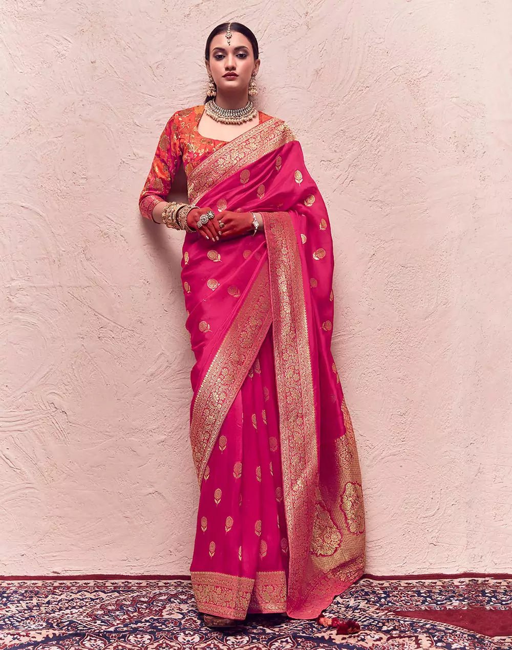 Image of Rani Pink Banarasi Pure Crepe Dola Silk Designer Saree - South India Shopping Mall