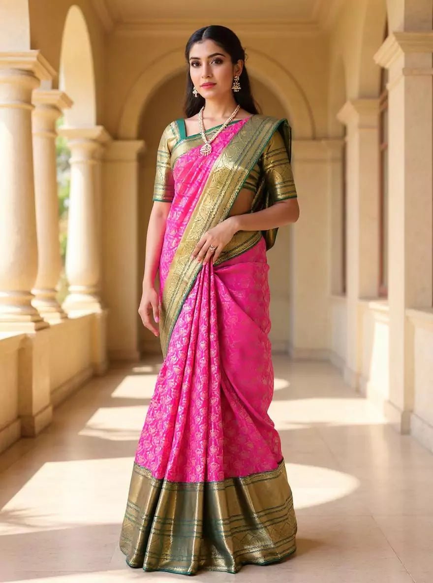Image of Rani Pink Floral Zari Kanchi Pattu Silk Saree - South India Shopping Mall