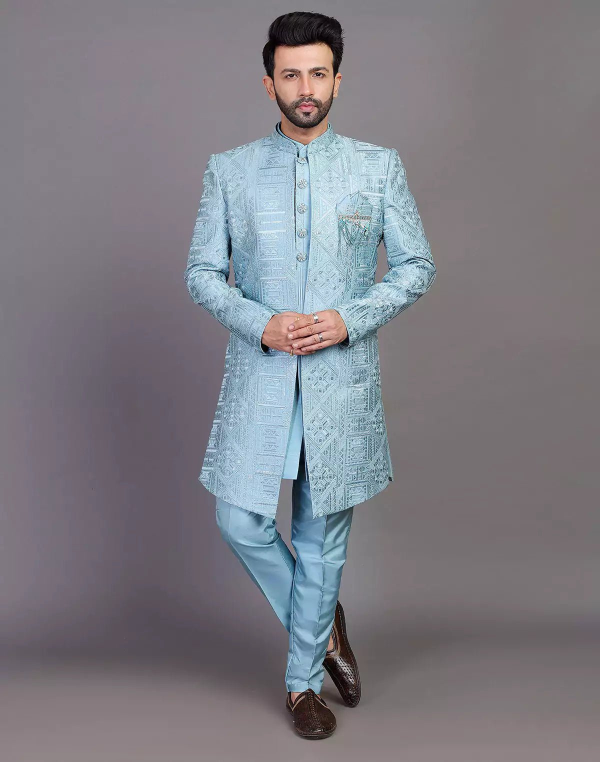 Image of Raw Silk All Over Floral Thread Work Sky Blue Indo Open Style - South India Shopping Mall