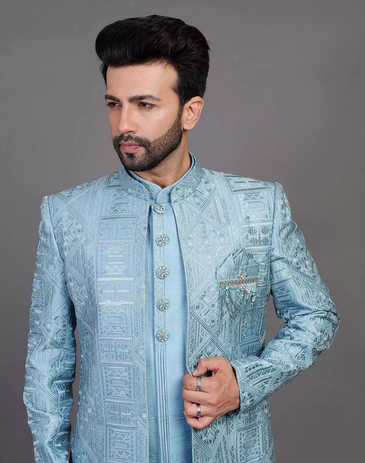 Image of Raw Silk All Over Floral Thread Work Sky Blue Indo Open Style - South India Shopping Mall