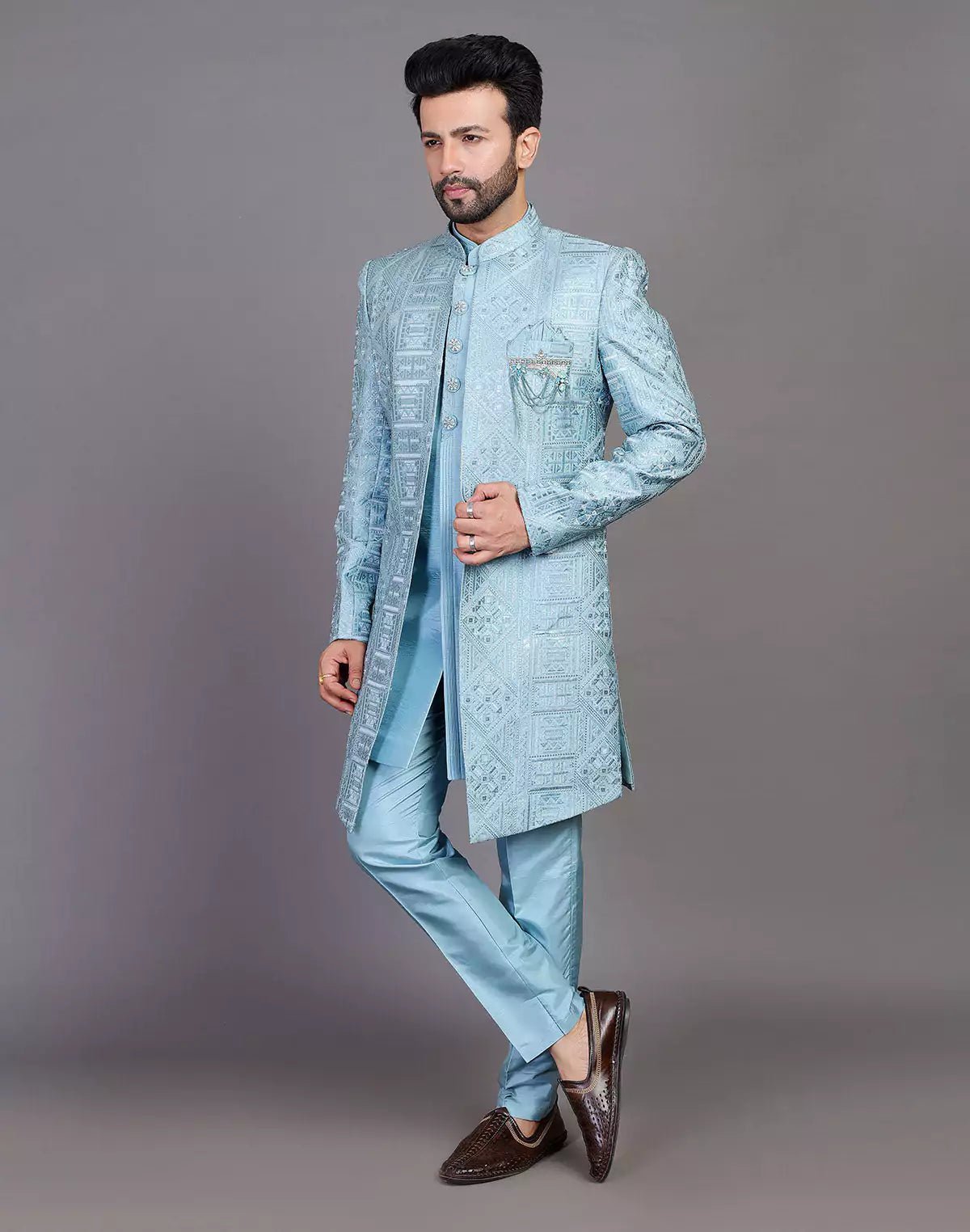 Image of Raw Silk All Over Floral Thread Work Sky Blue Indo Open Style - South India Shopping Mall