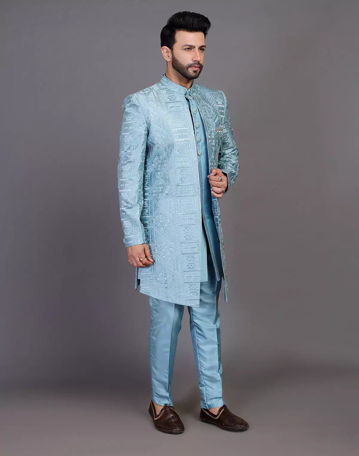 Image of Raw Silk All Over Floral Thread Work Sky Blue Indo Open Style - South India Shopping Mall