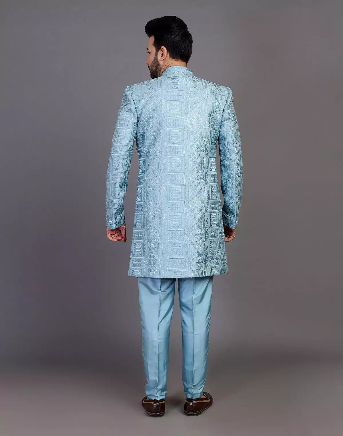 Image of Raw Silk All Over Floral Thread Work Sky Blue Indo Open Style - South India Shopping Mall