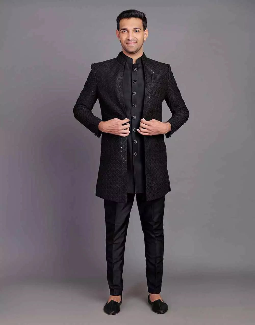 Image of Raw Silk All Over Self Design Thread and Embellished Black Indo Open Style - South India Shopping Mall