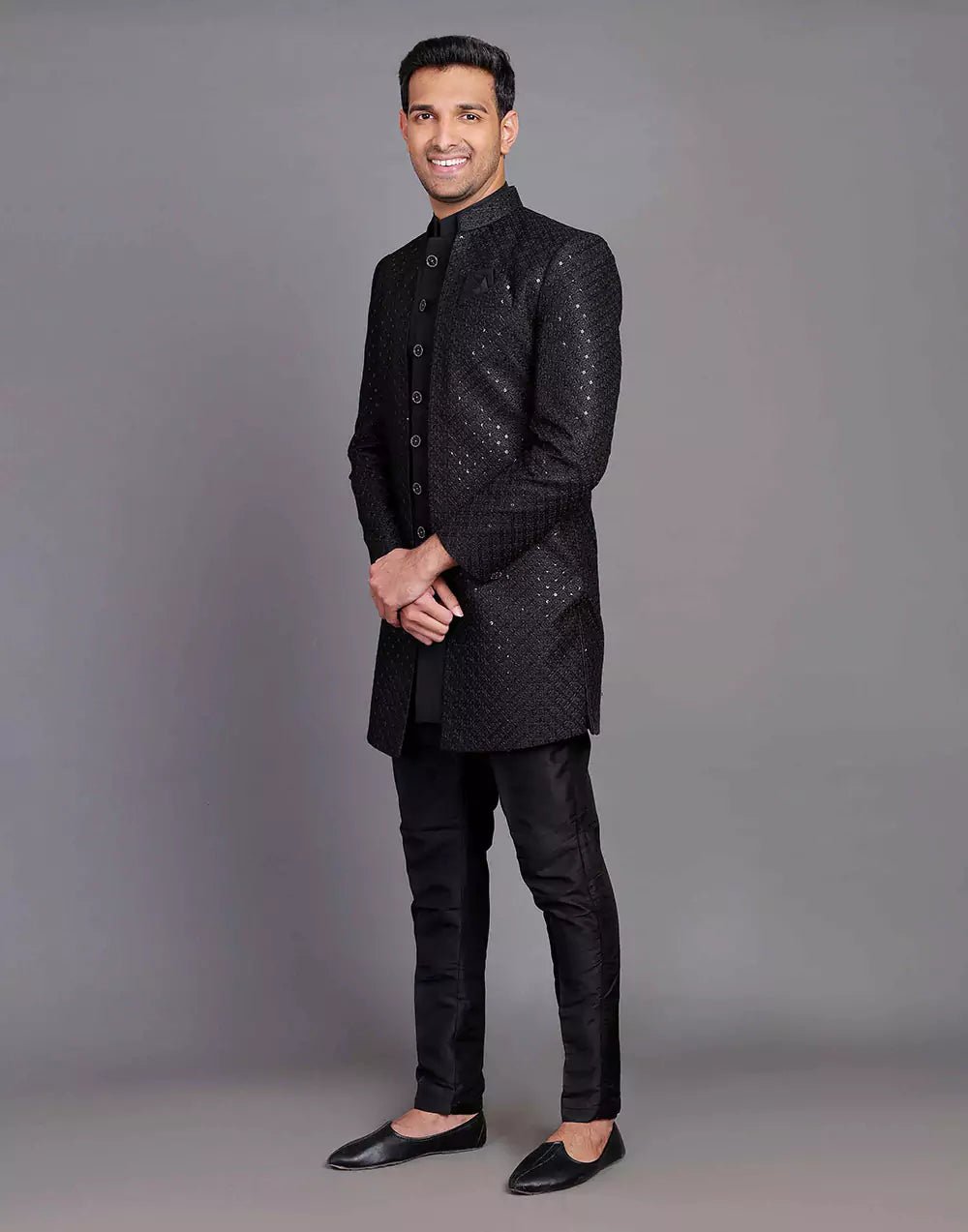 Image of Raw Silk All Over Self Design Thread and Embellished Black Indo Open Style - South India Shopping Mall