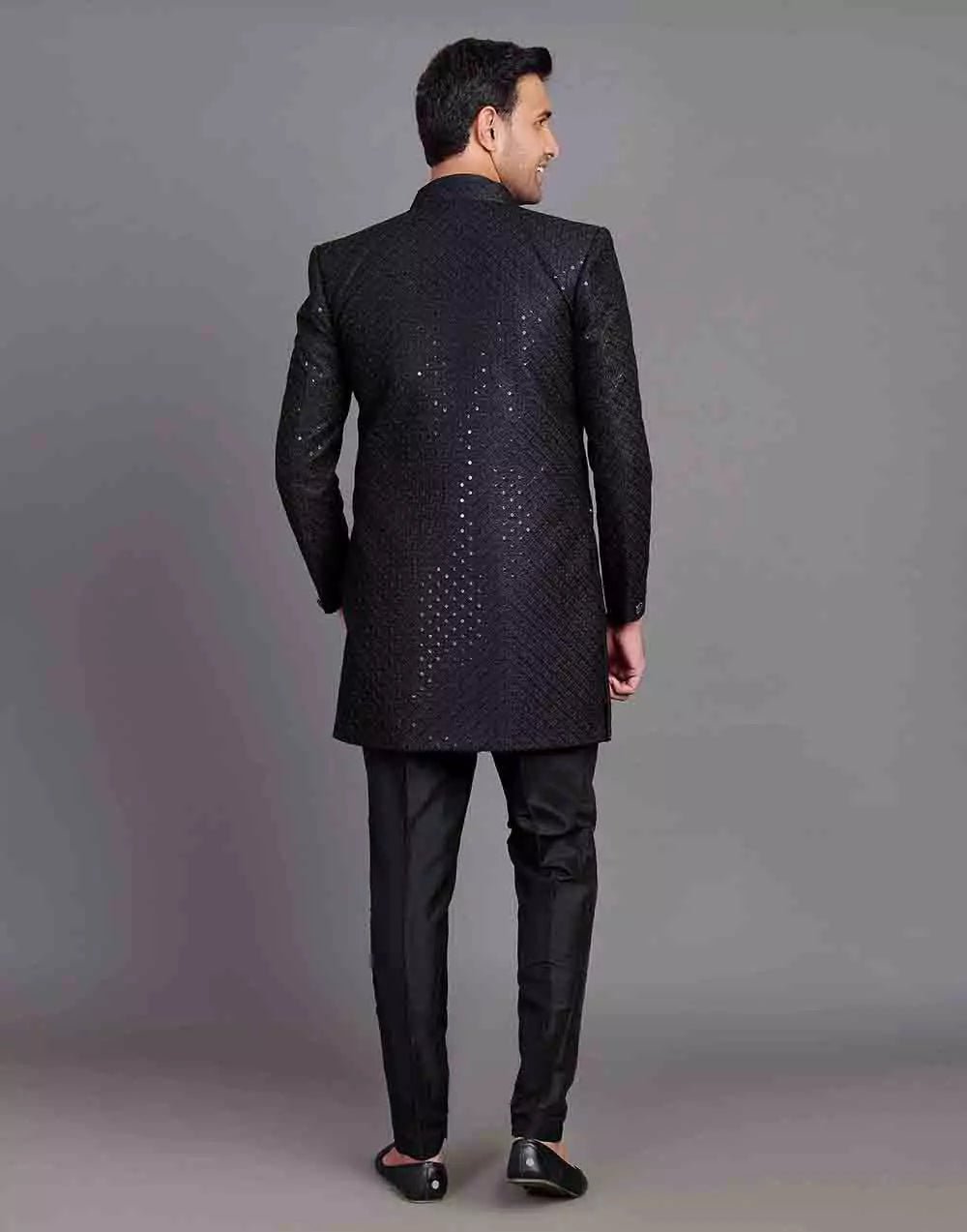 Image of Raw Silk All Over Self Design Thread and Embellished Black Indo Open Style - South India Shopping Mall