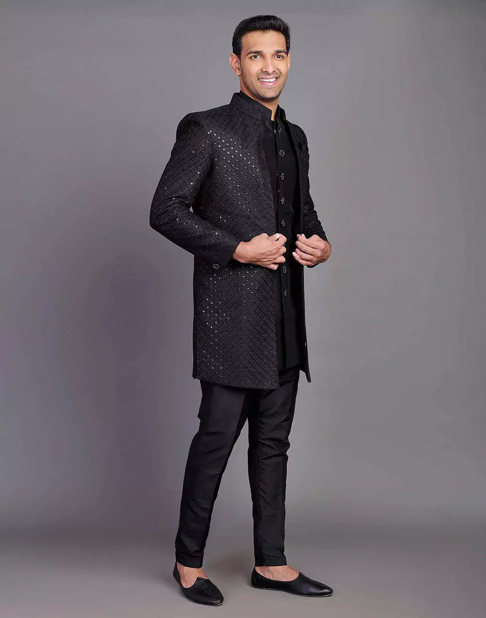 Image of Raw Silk All Over Self Design Thread and Embellished Black Indo Open Style - South India Shopping Mall