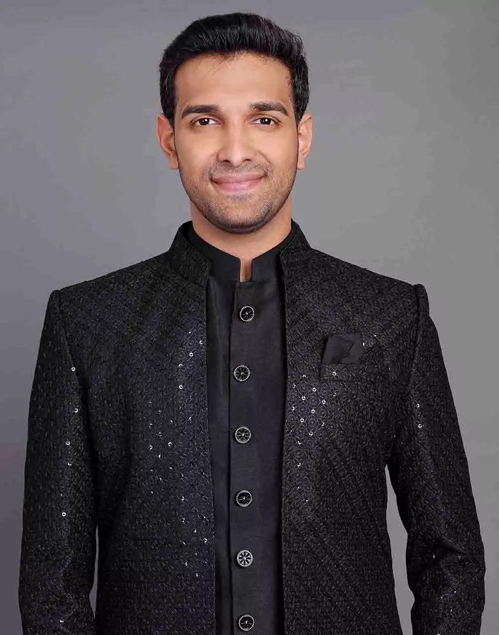 Image of Raw Silk All Over Self Design Thread and Embellished Black Indo Open Style - South India Shopping Mall