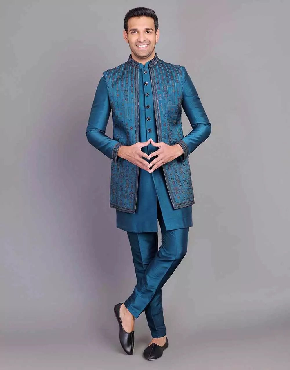 Image of Raw Silk Floral Embroidery Work Rama Green Indo - open Jacket Set - South India Shopping Mall