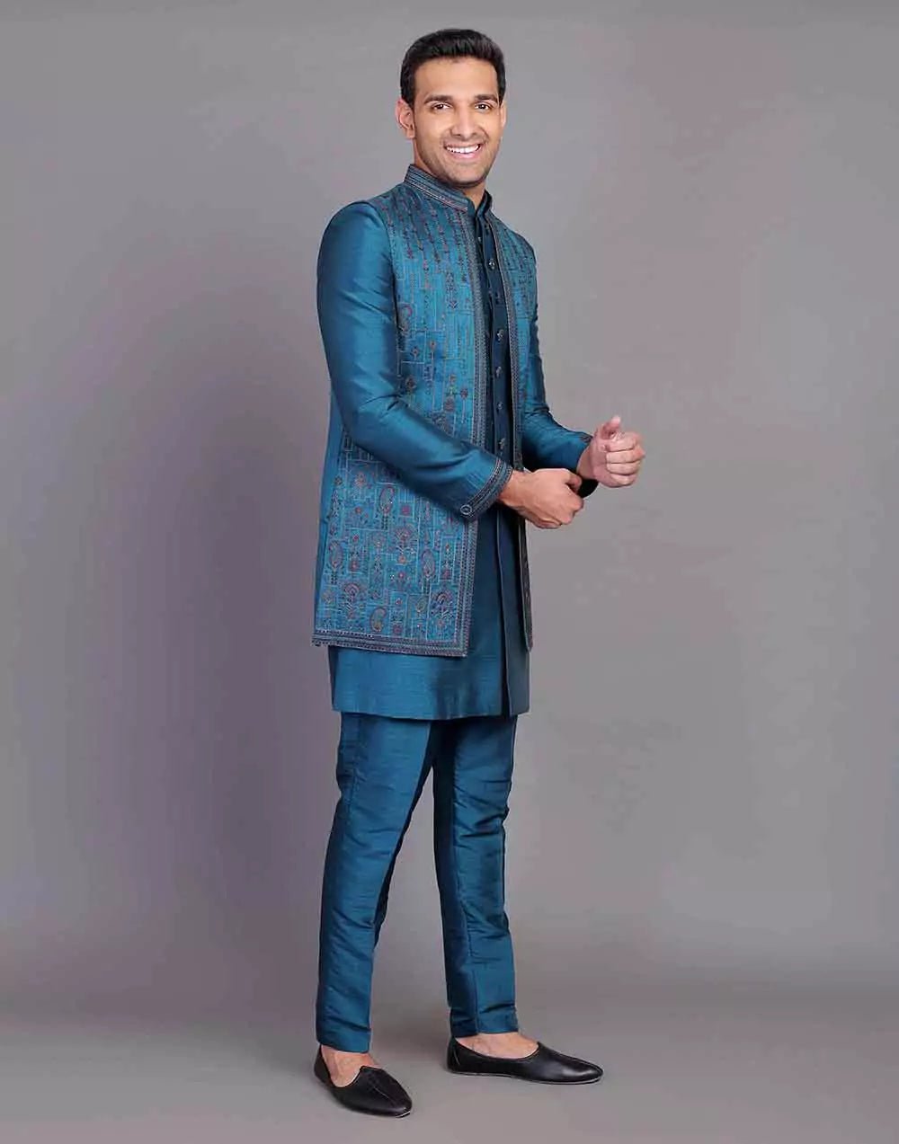 Image of Raw Silk Floral Embroidery Work Rama Green Indo - open Jacket Set - South India Shopping Mall