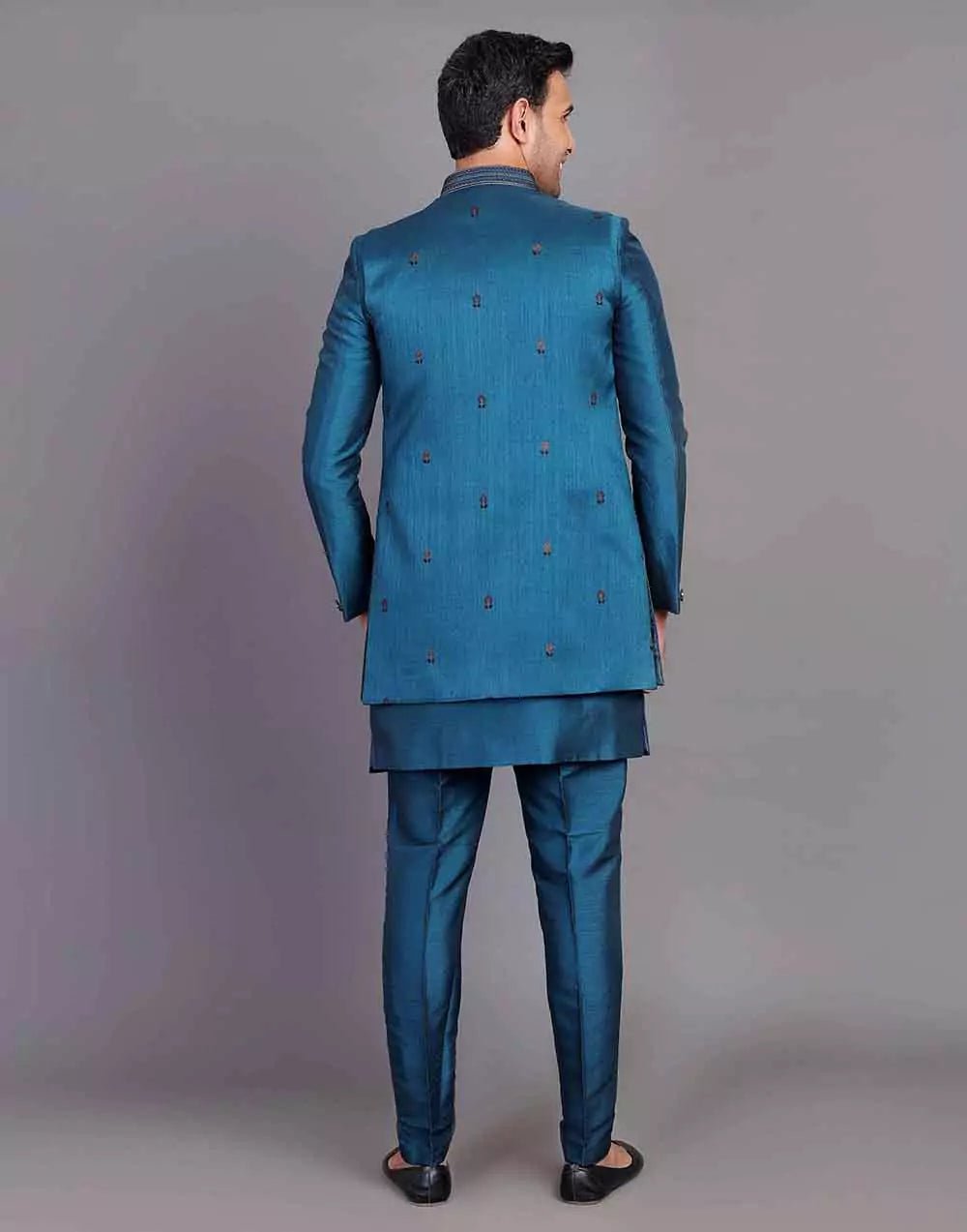 Image of Raw Silk Floral Embroidery Work Rama Green Indo - open Jacket Set - South India Shopping Mall