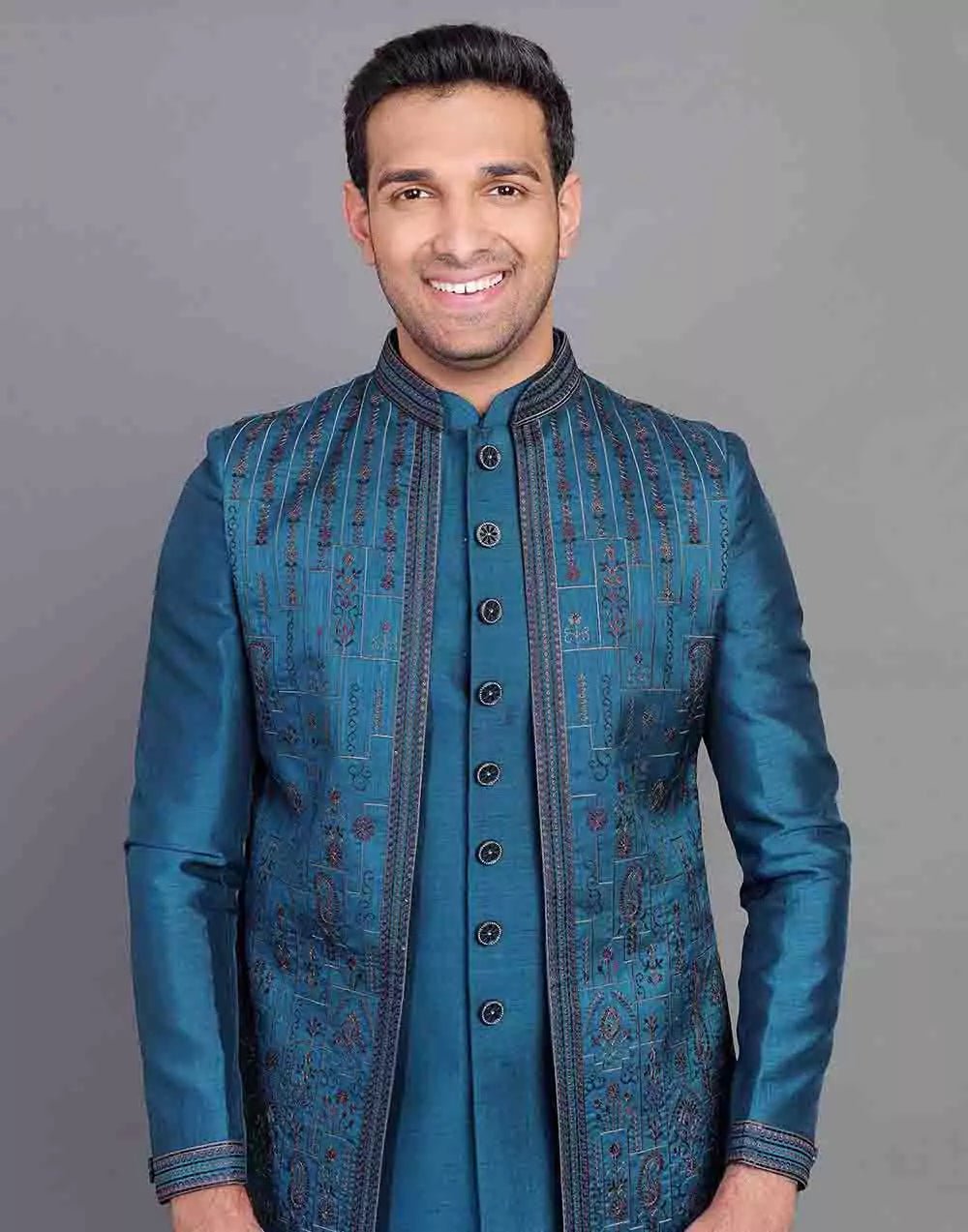 Image of Raw Silk Floral Embroidery Work Rama Green Indo - open Jacket Set - South India Shopping Mall