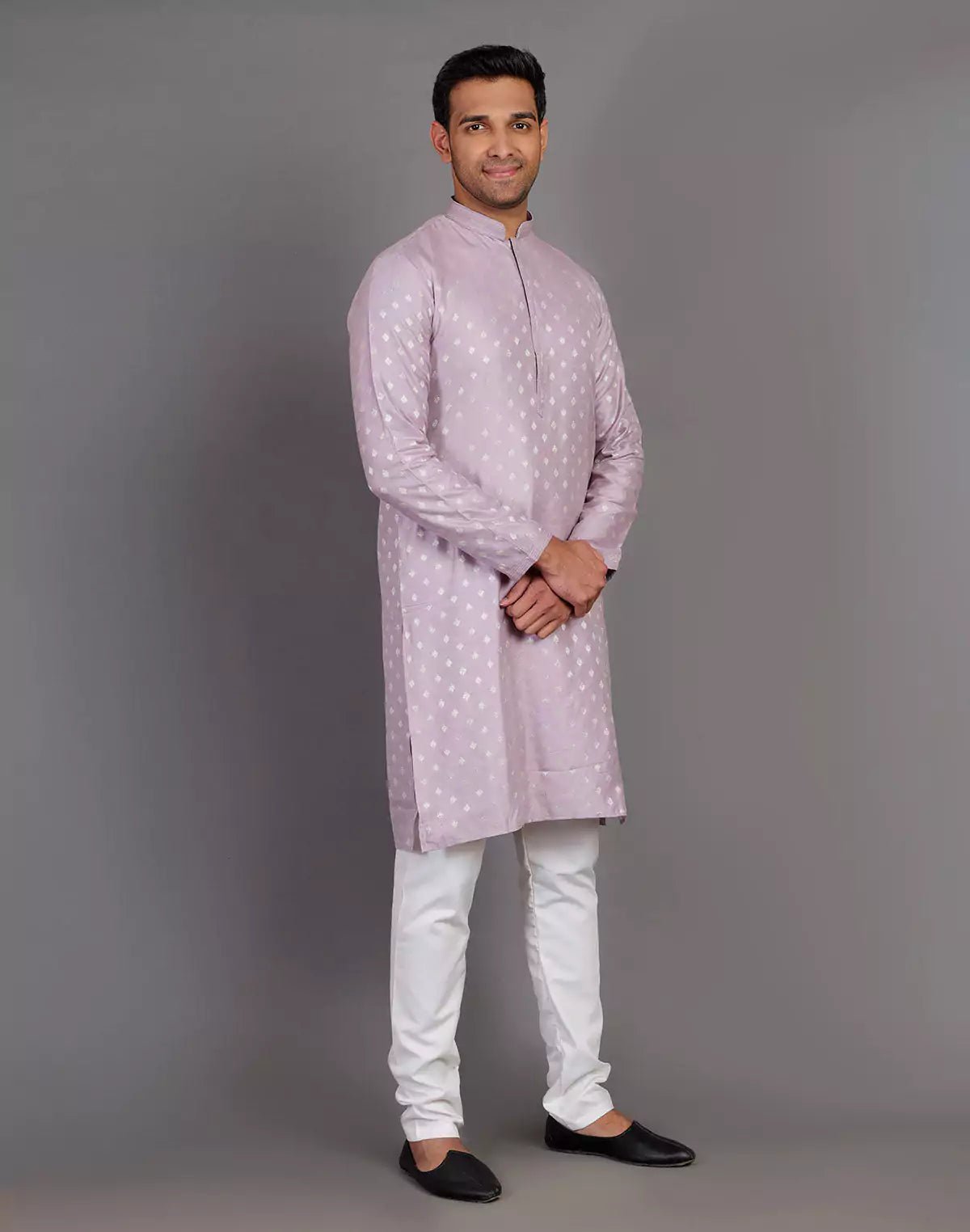 Image of Raw Silk Lavender Coloured All Over Silver Bootis Kurta Pyjama Set - South India Shopping Mall