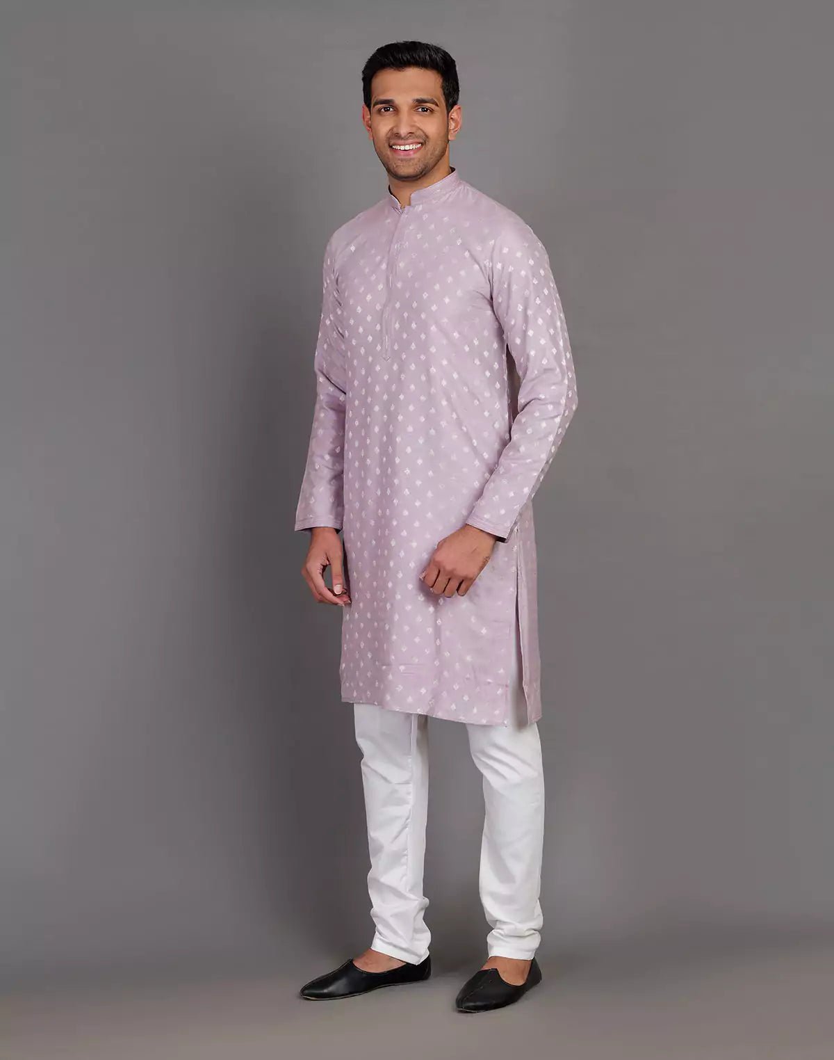 Image of Raw Silk Lavender Coloured All Over Silver Bootis Kurta Pyjama Set - South India Shopping Mall