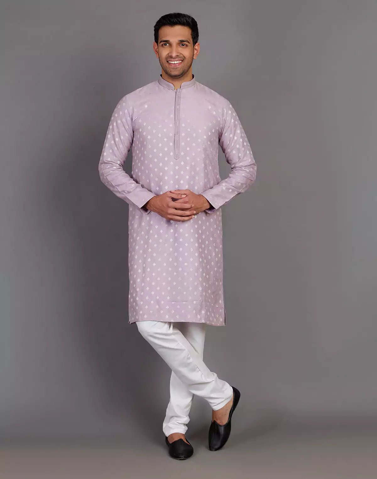 Image of Raw Silk Lavender Coloured All Over Silver Bootis Kurta Pyjama Set - South India Shopping Mall