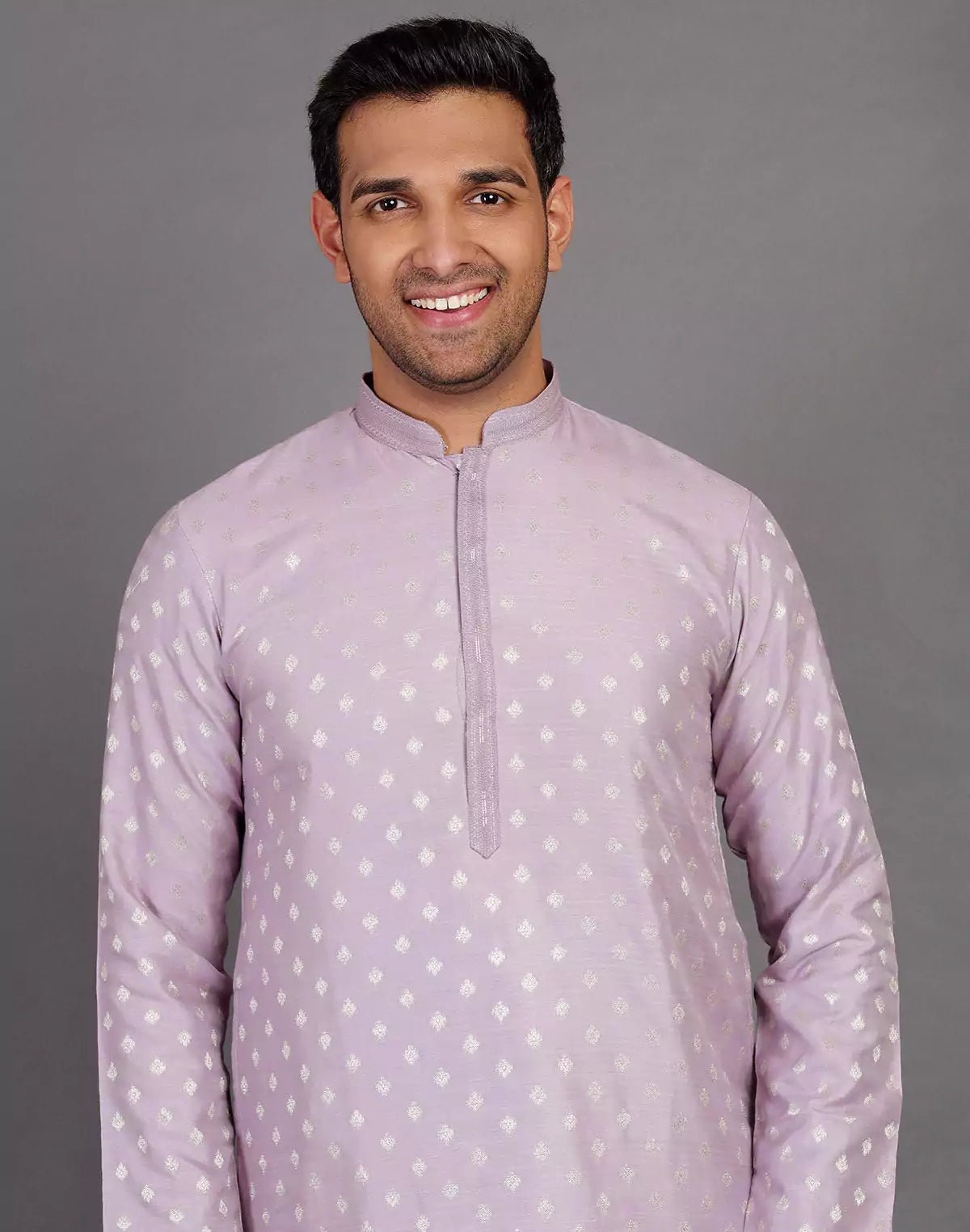 Image of Raw Silk Lavender Coloured All Over Silver Bootis Kurta Pyjama Set - South India Shopping Mall