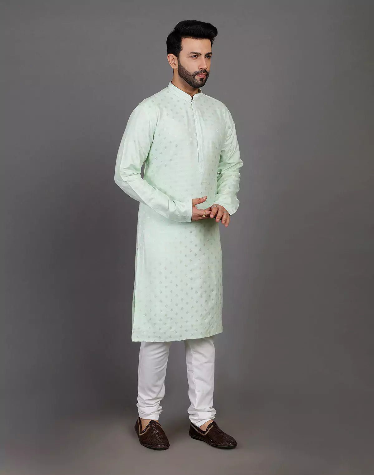 Image of Raw Silk Pista Green All Over Silver Bootis Kurta Pyjama Set - South India Shopping Mall