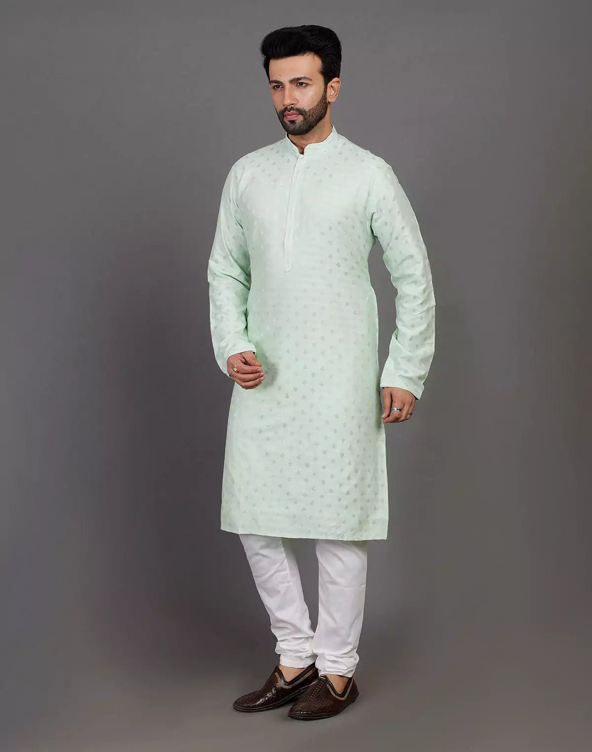 Image of Raw Silk Pista Green All Over Silver Bootis Kurta Pyjama Set - South India Shopping Mall