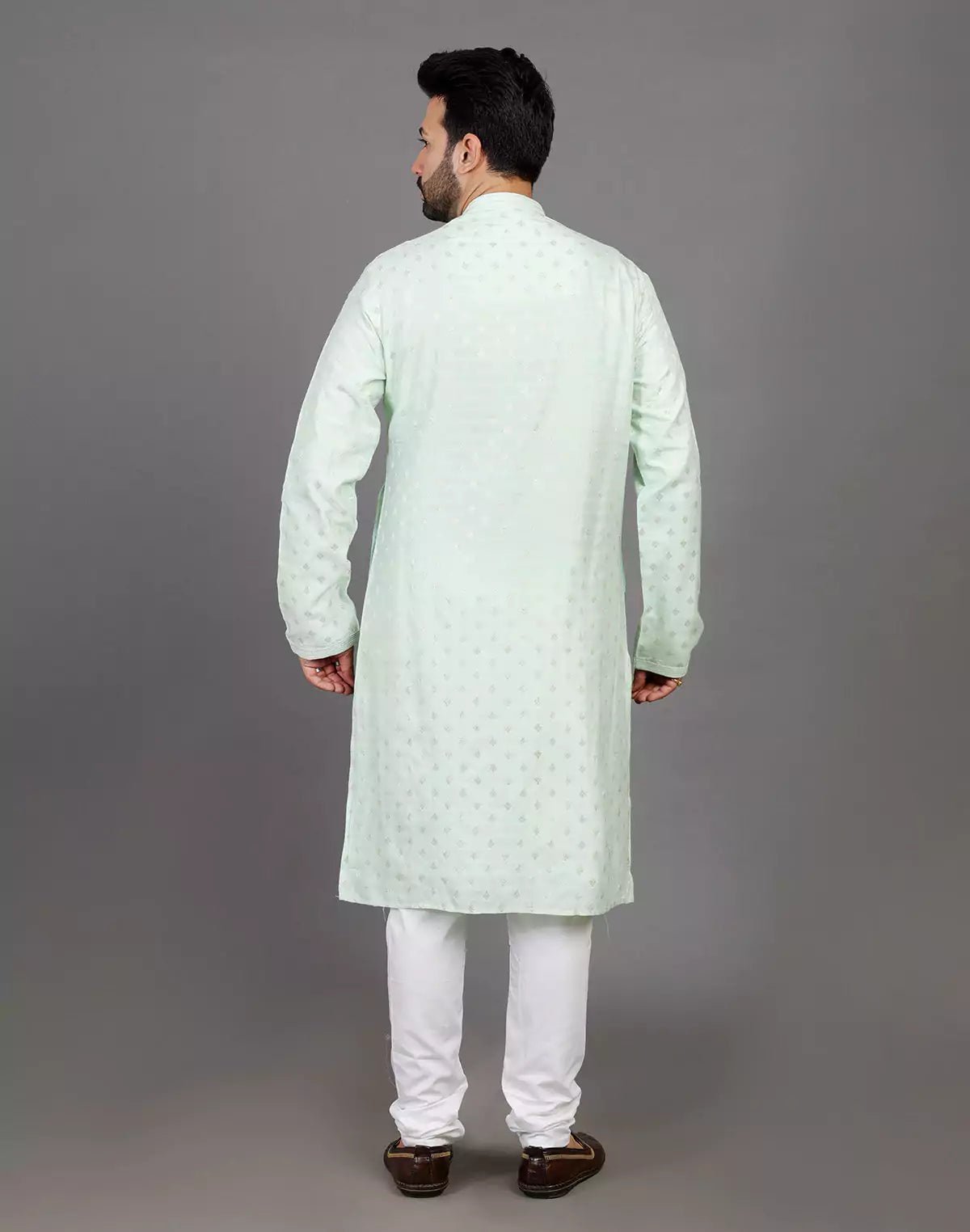 Image of Raw Silk Pista Green All Over Silver Bootis Kurta Pyjama Set - South India Shopping Mall