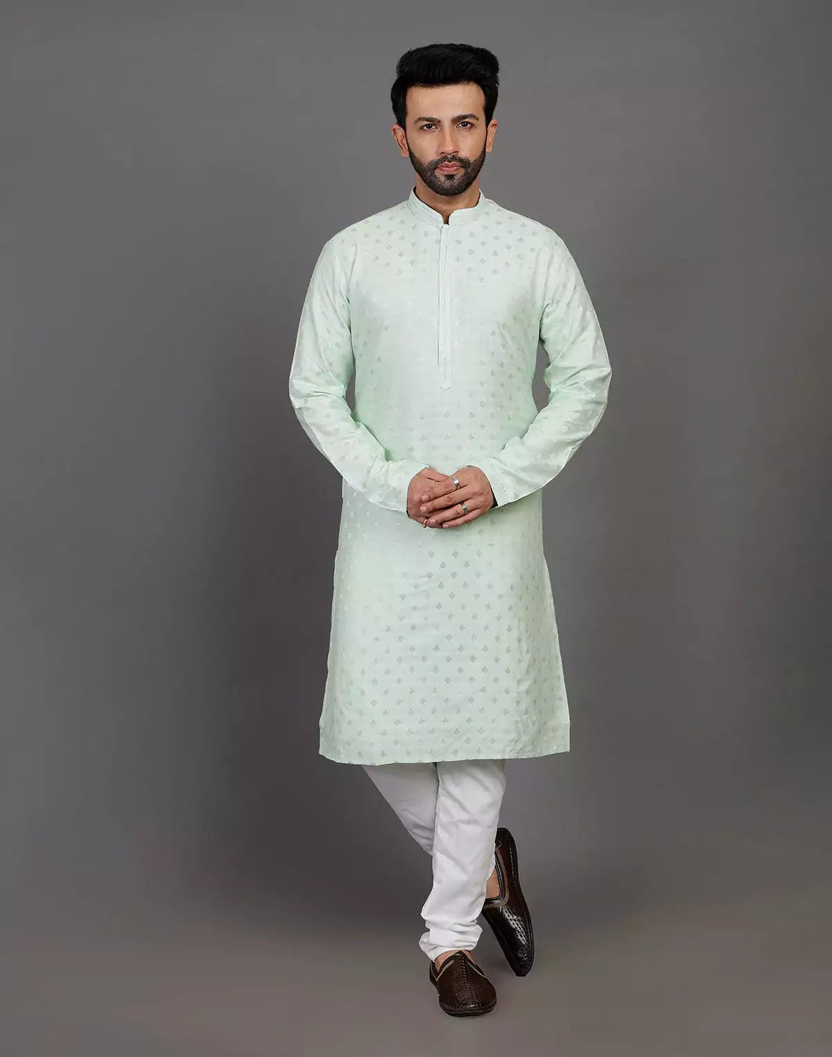 Image of Raw Silk Pista Green All Over Silver Bootis Kurta Pyjama Set - South India Shopping Mall