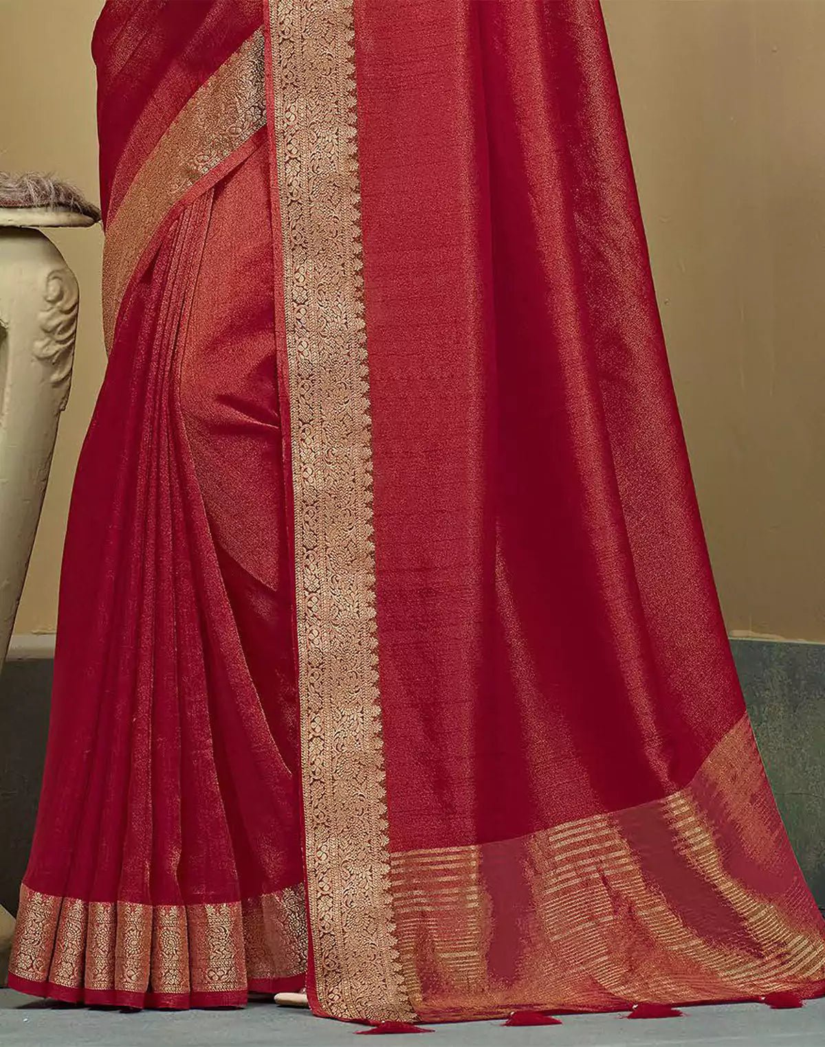 Image of Raw Silk Plain Red Saree - South India Shopping Mall