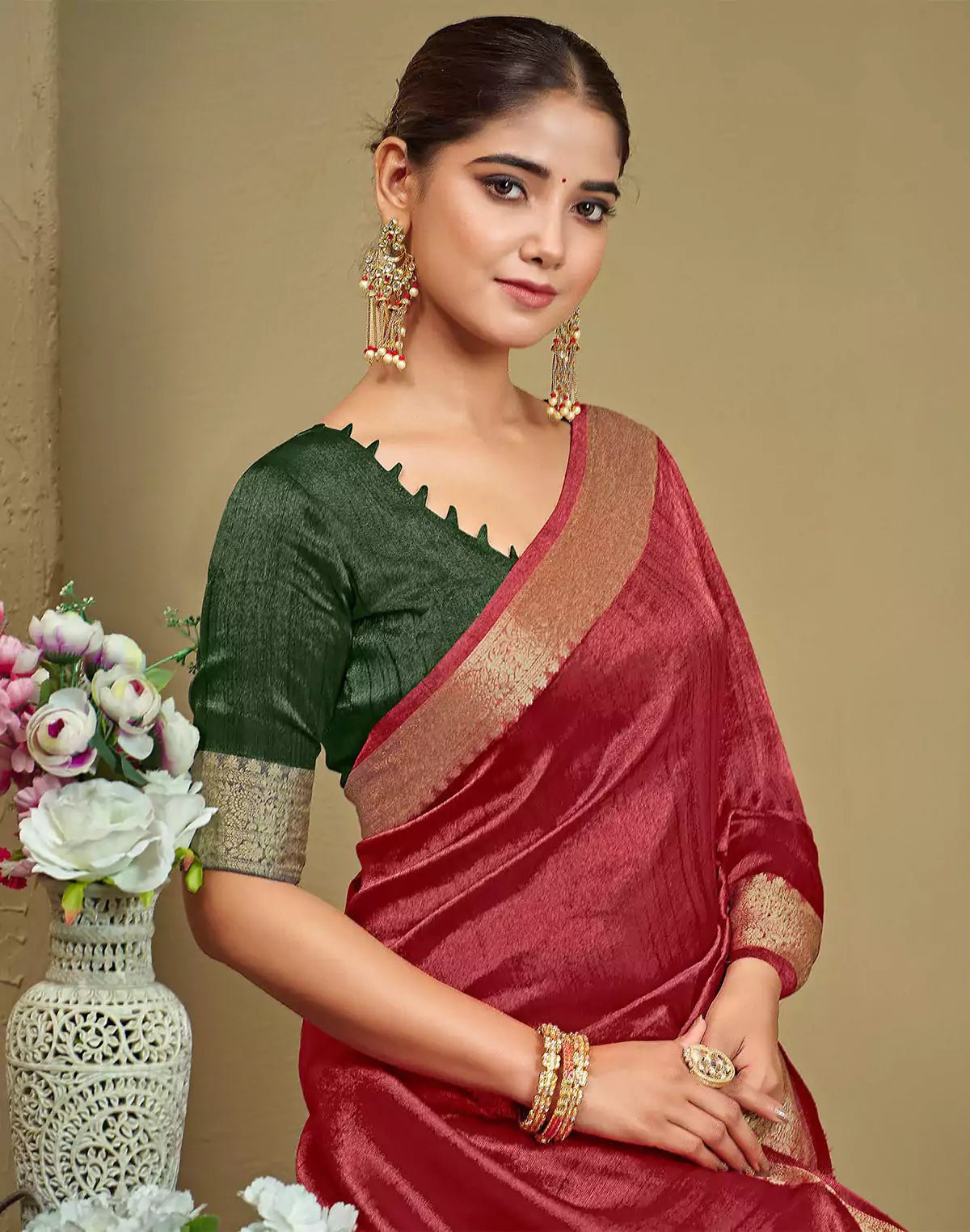 Image of Raw Silk Plain Red Saree - South India Shopping Mall