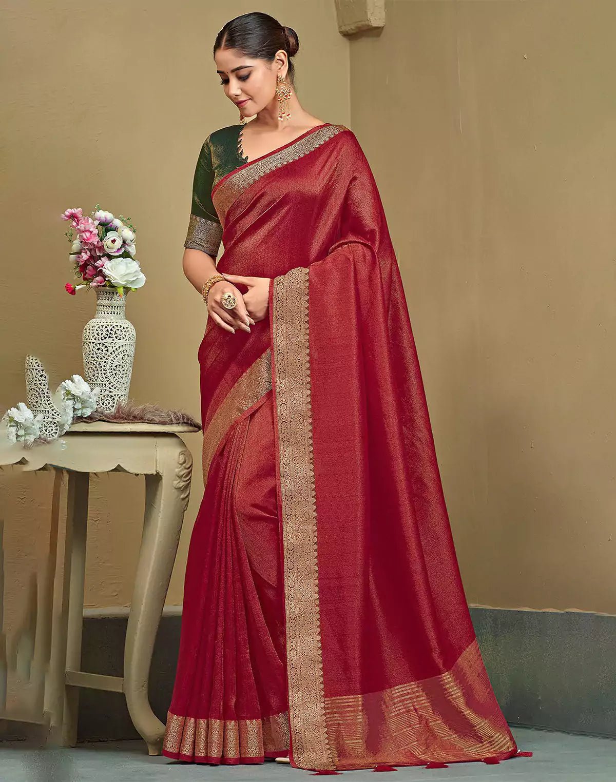 Image of Raw Silk Plain Red Saree - South India Shopping Mall