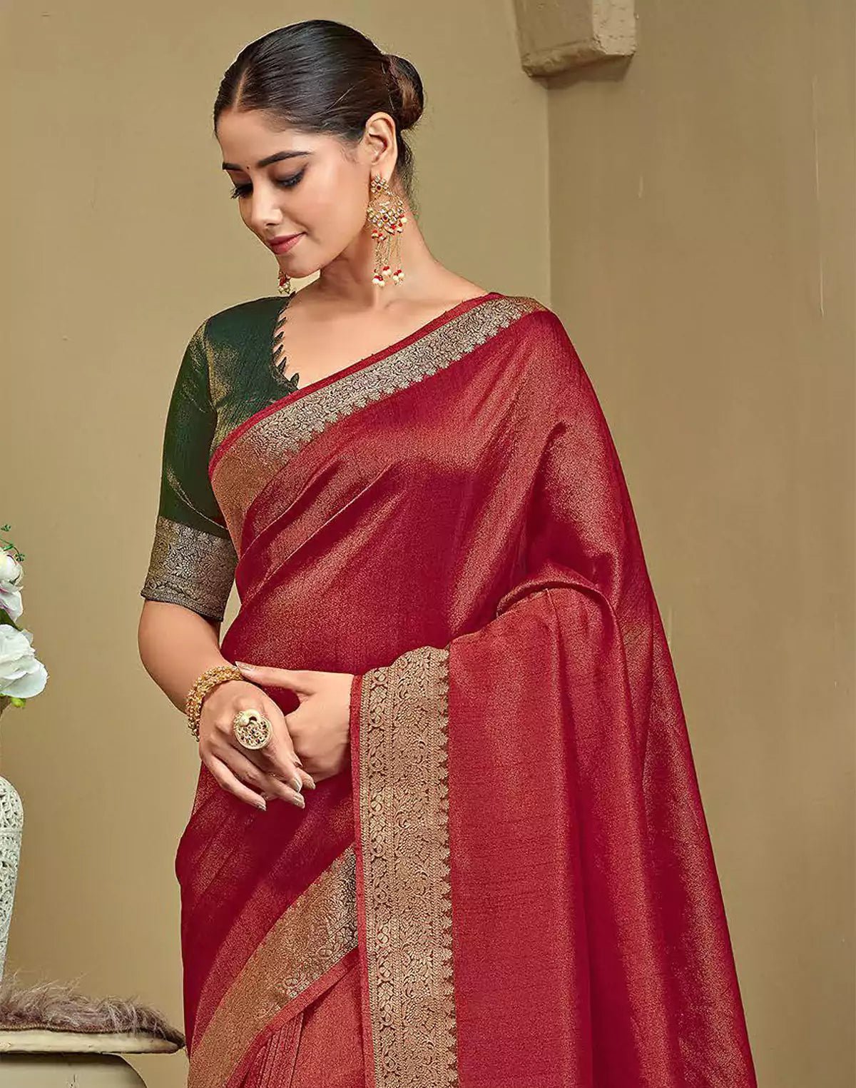 Image of Raw Silk Plain Red Saree - South India Shopping Mall