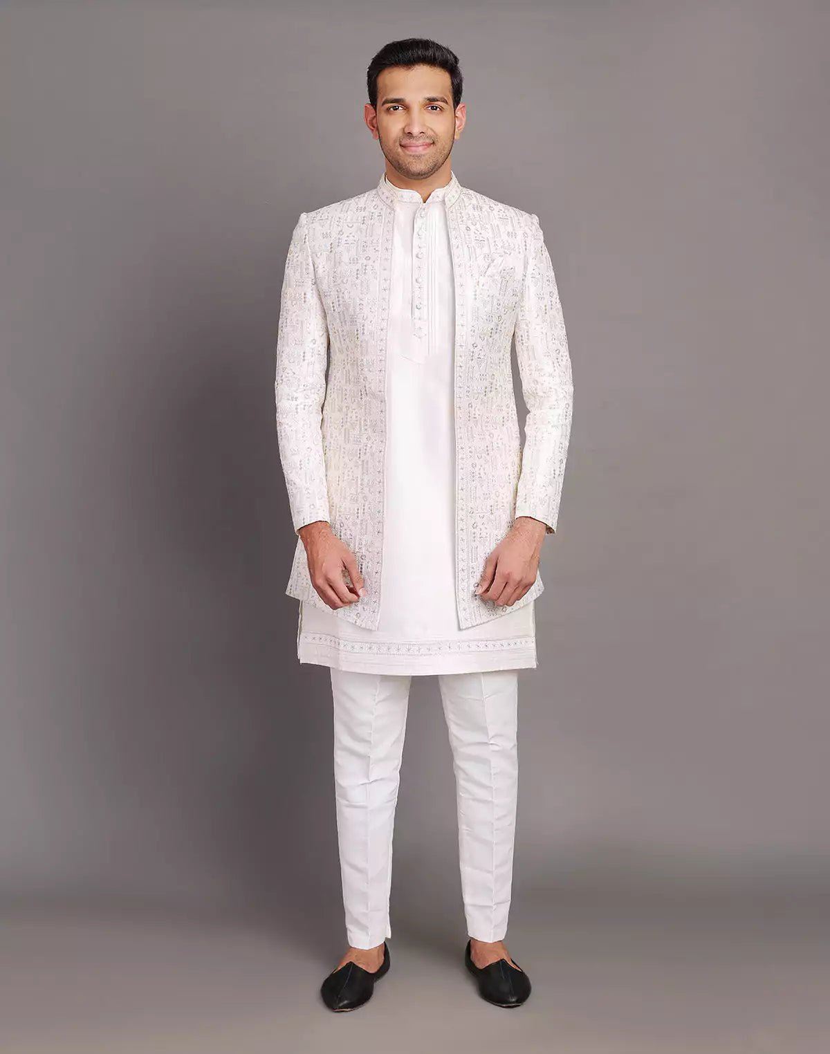 Image of Raw Silk Thread Embroidery With Sequence Work Cream Coloured Indo Open Jacket Set - South India Shopping Mall