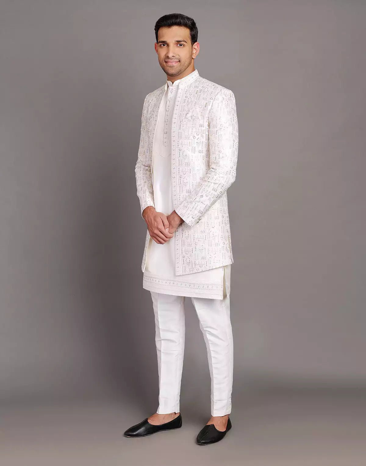 Image of Raw Silk Thread Embroidery With Sequence Work Cream Coloured Indo Open Jacket Set - South India Shopping Mall