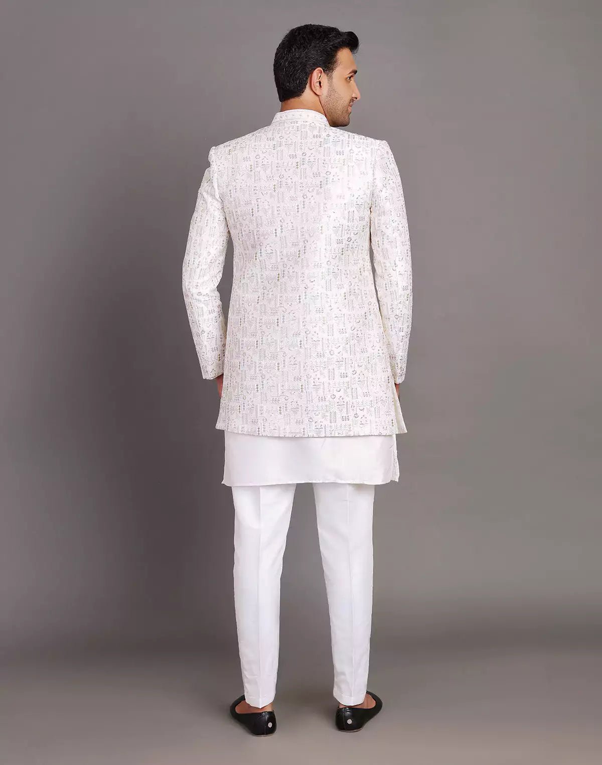 Image of Raw Silk Thread Embroidery With Sequence Work Cream Coloured Indo Open Jacket Set - South India Shopping Mall