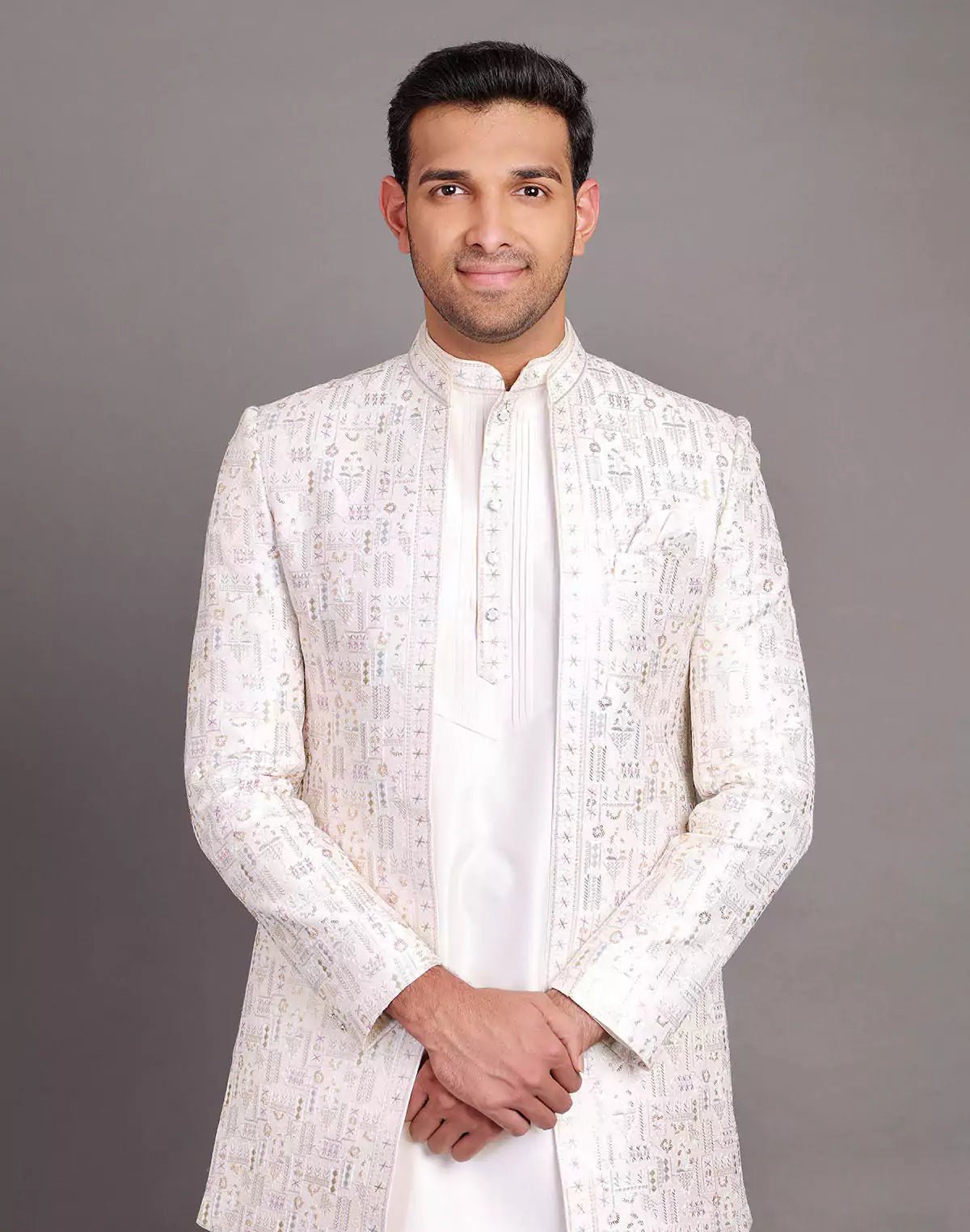 Image of Raw Silk Thread Embroidery With Sequence Work Cream Coloured Indo Open Jacket Set - South India Shopping Mall