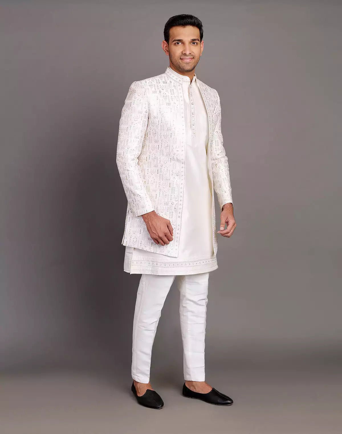 Image of Raw Silk Thread Embroidery With Sequence Work Cream Coloured Indo Open Jacket Set - South India Shopping Mall