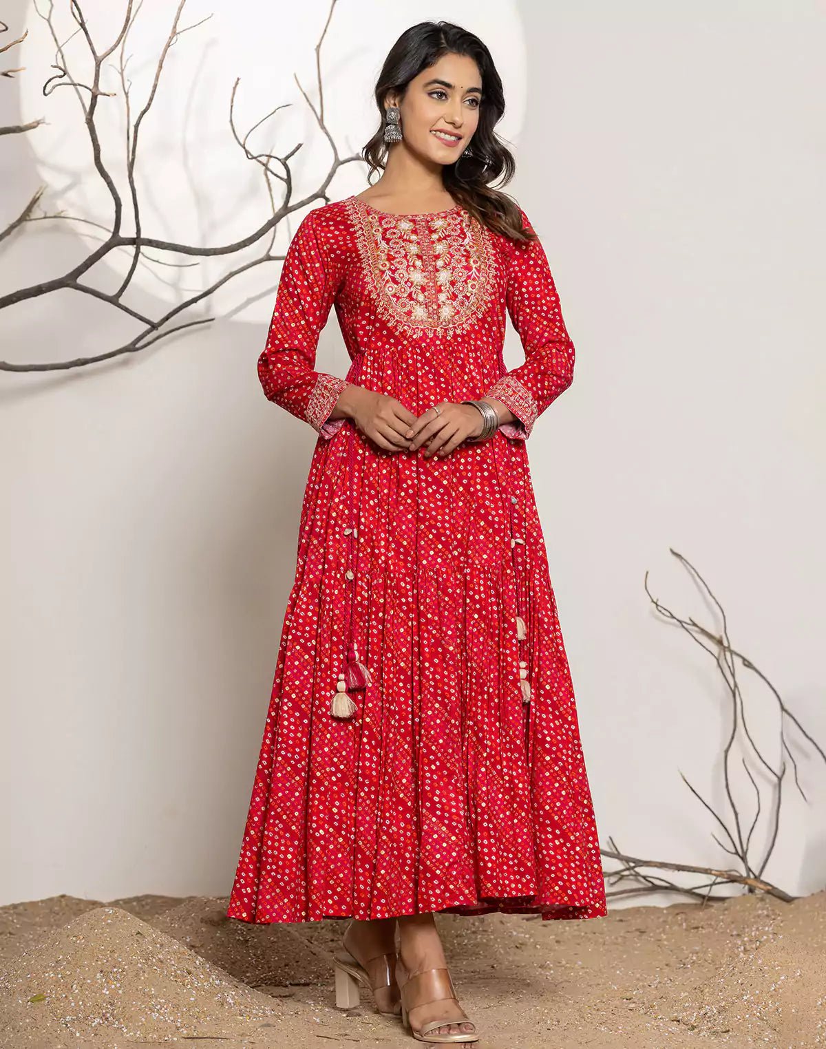 Image of Red Bandhini Print Rayon Party Wear Kurti - South India Shopping Mall