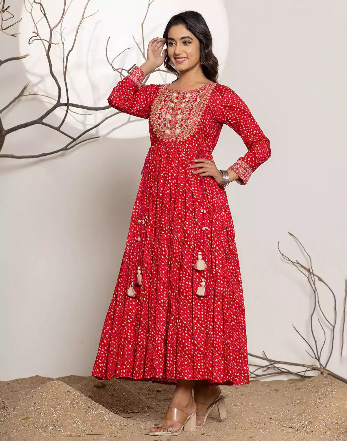 Image of Red Bandhini Print Rayon Party Wear Kurti - South India Shopping Mall