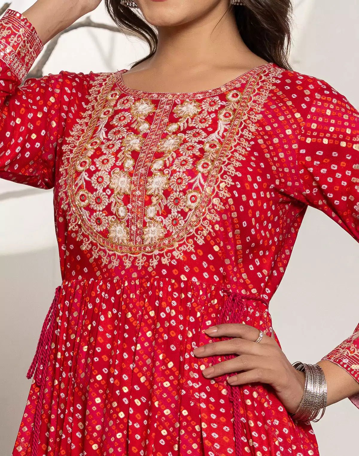 Image of Red Bandhini Print Rayon Party Wear Kurti - South India Shopping Mall