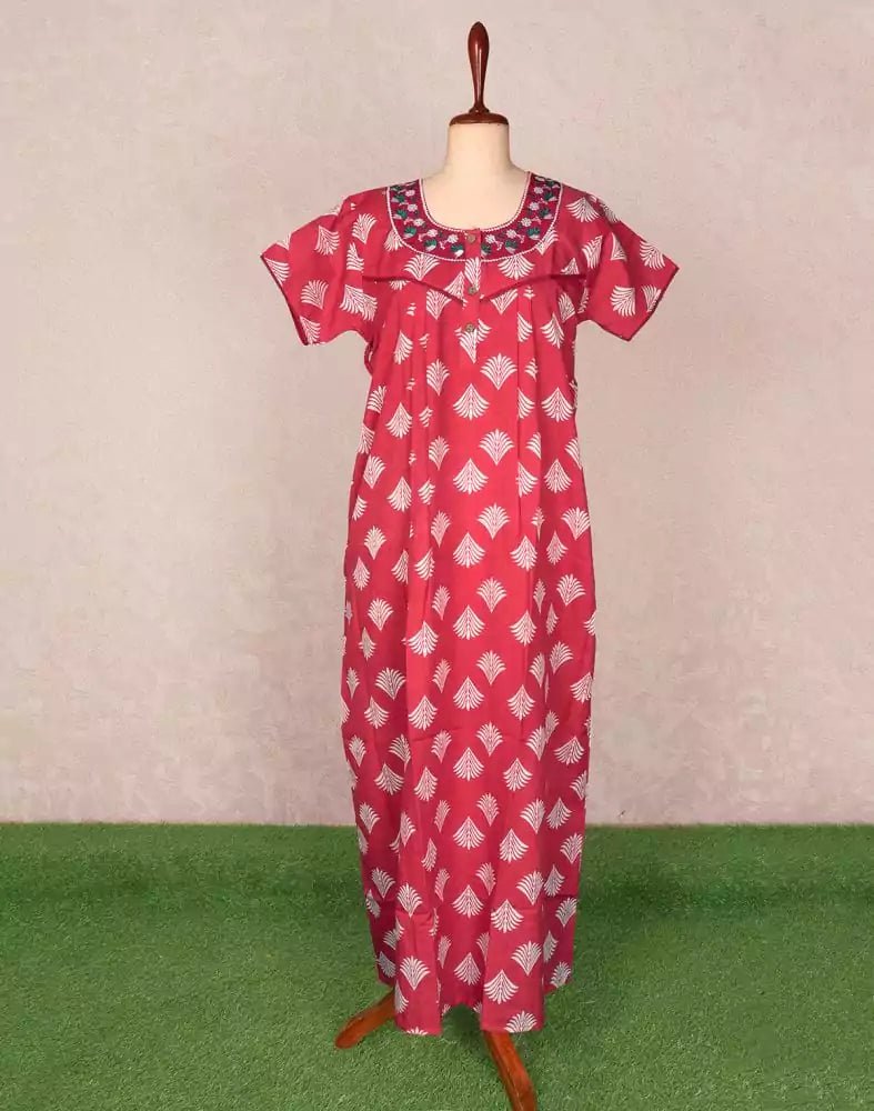 Image of Red Botanical Print Cotton Nighty - South India Shopping Mall