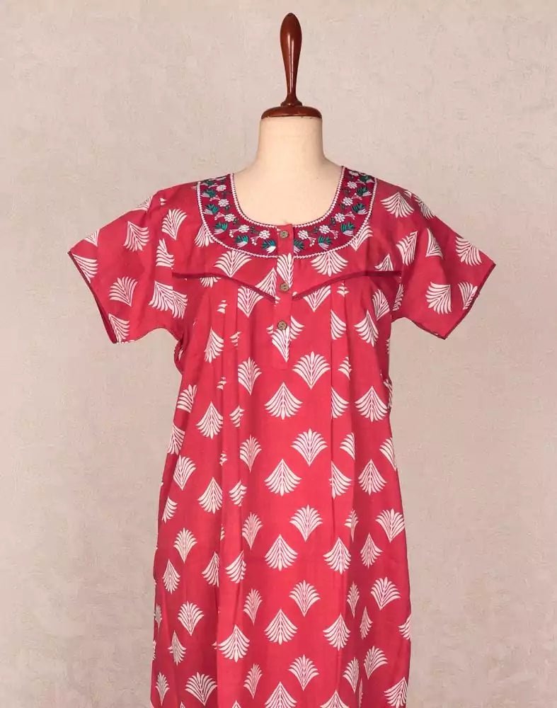 Image of Red Botanical Print Cotton Nighty - South India Shopping Mall