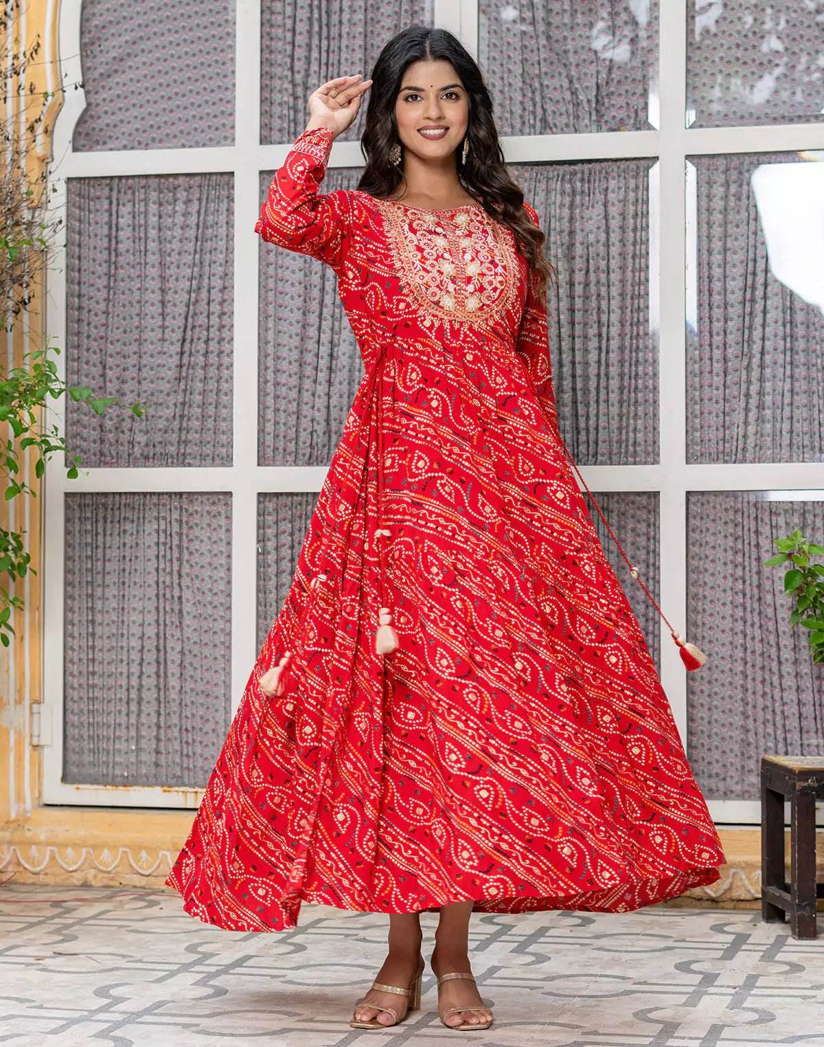 Image of Red Coloured Bandhini Print Stylish Rayon Kurti - South India Shopping Mall