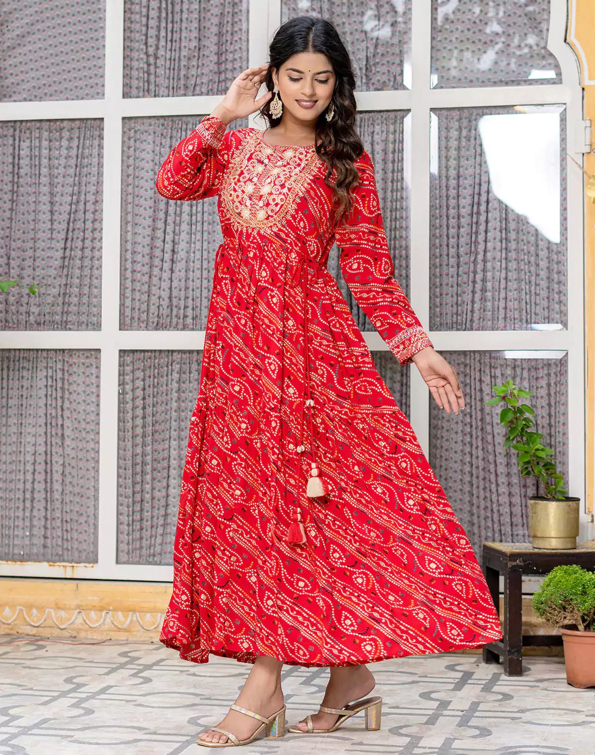 Image of Red Coloured Bandhini Print Stylish Rayon Kurti - South India Shopping Mall