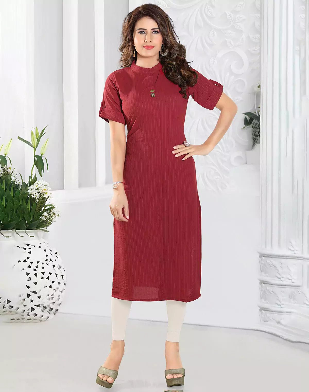 Image of Red Coloured Cotton Silk Kurti - South India Shopping Mall