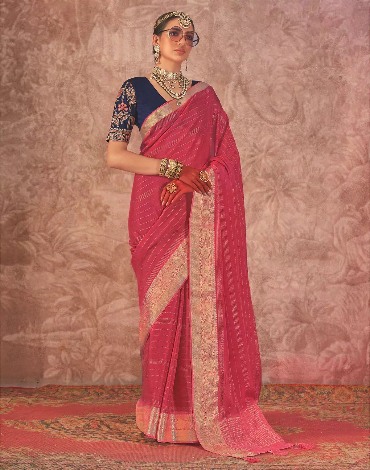 Image of Red Contrast Embroidery Blouse Chiffon Saree with Beautiful Tussels - South India Shopping Mall