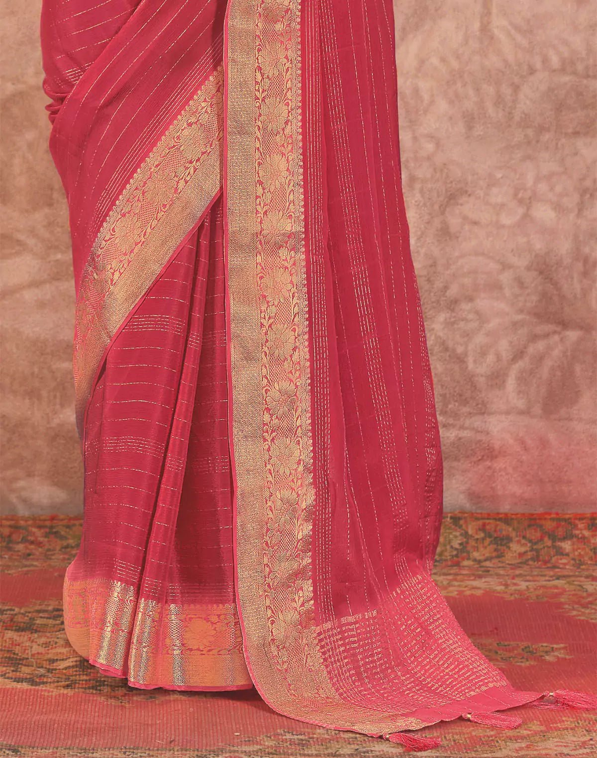 Image of Red Contrast Embroidery Blouse Chiffon Saree with Beautiful Tussels - South India Shopping Mall