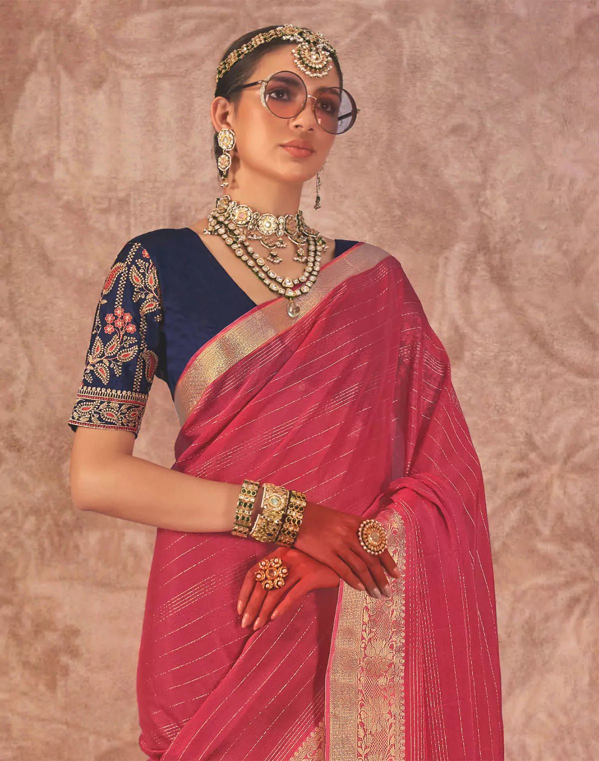 Red Contrast Embroidery Blouse Chiffon Saree with Beautiful Tussels - South India Shopping Mall