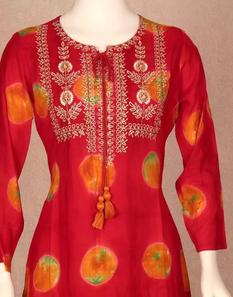 Image of Red Floral Beads work Rayon Kurti - South India Shopping Mall