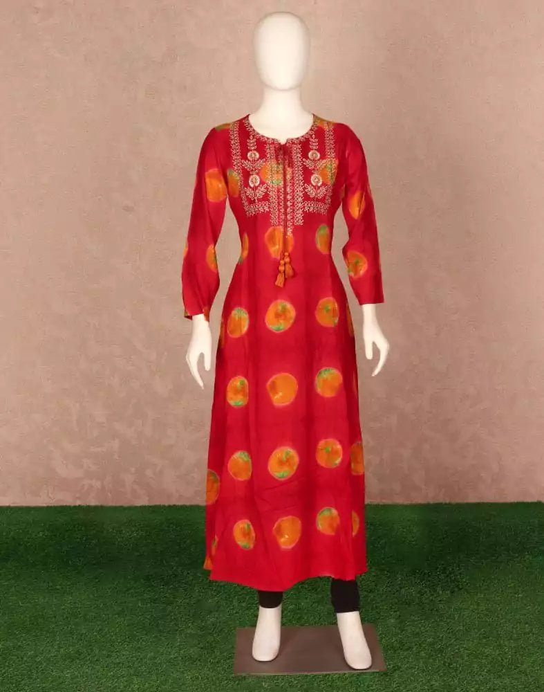 Image of Red Floral Beads work Rayon Kurti - South India Shopping Mall
