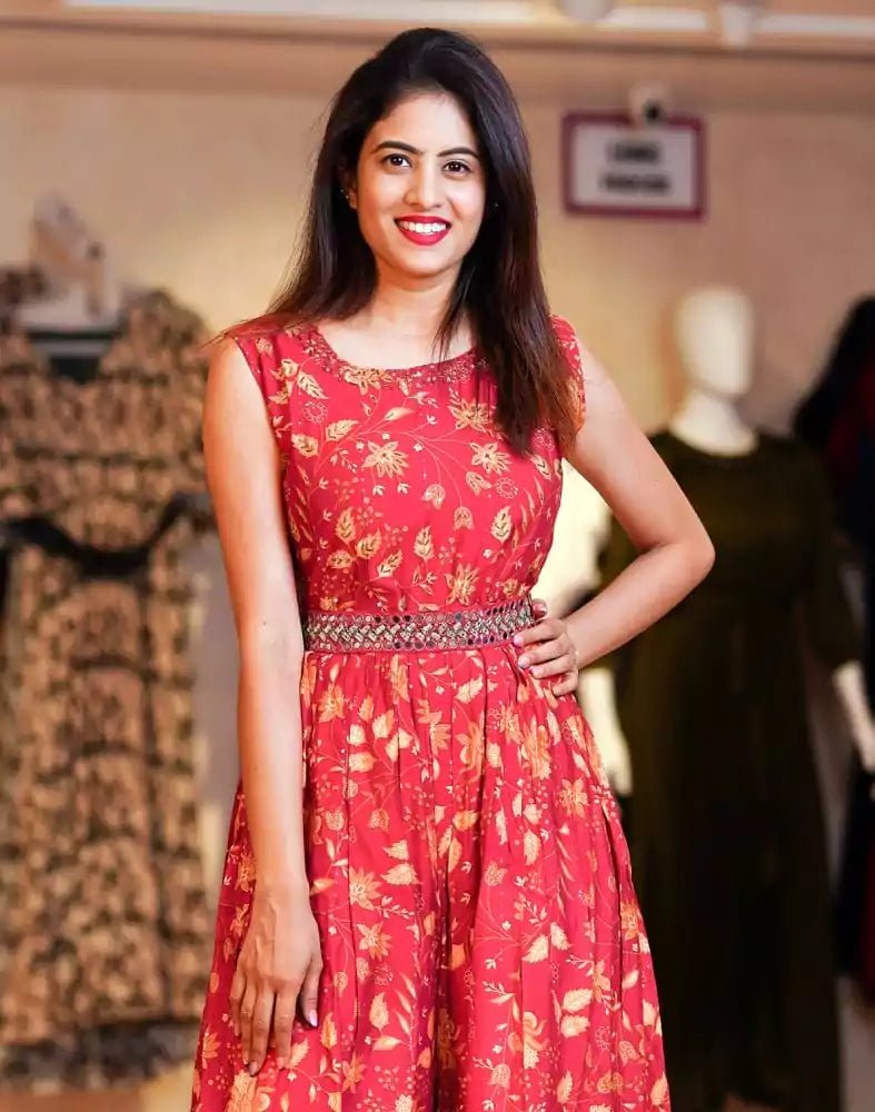 Image of Red Floral Print Cotton Embellished work Jumpsuit with Belt - South India Shopping Mall