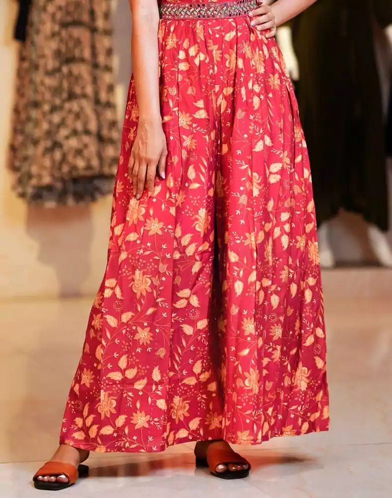 Image of Red Floral Print Cotton Embellished work Jumpsuit with Belt - South India Shopping Mall