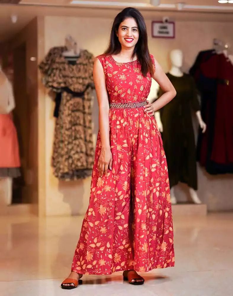 Image of Red Floral Print Cotton Embellished work Jumpsuit with Belt - South India Shopping Mall
