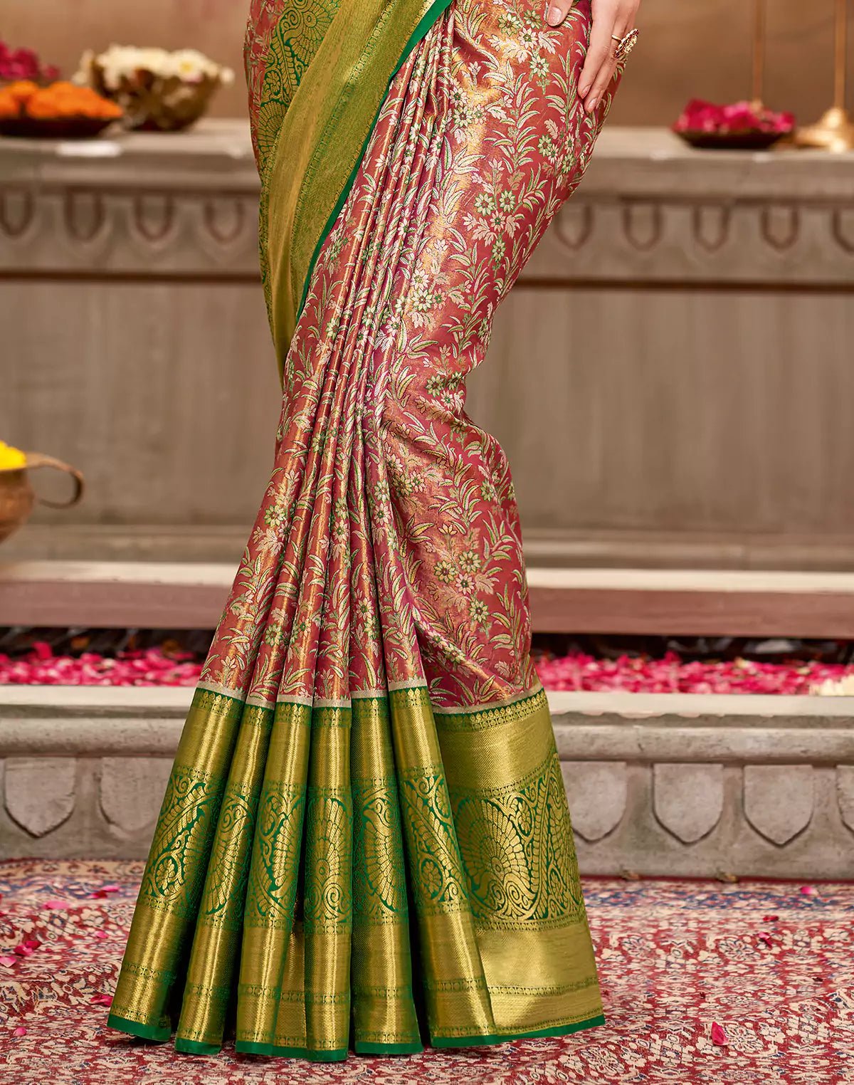 Image of Red Floral Tissue Jaal Semi Silk Saree - South India Shopping Mall